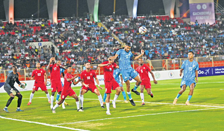 Players of India and Mauritius in action during the Intercontinental Cup match in Hyderabad on Tuesday. Photo: Surya Sridhar.