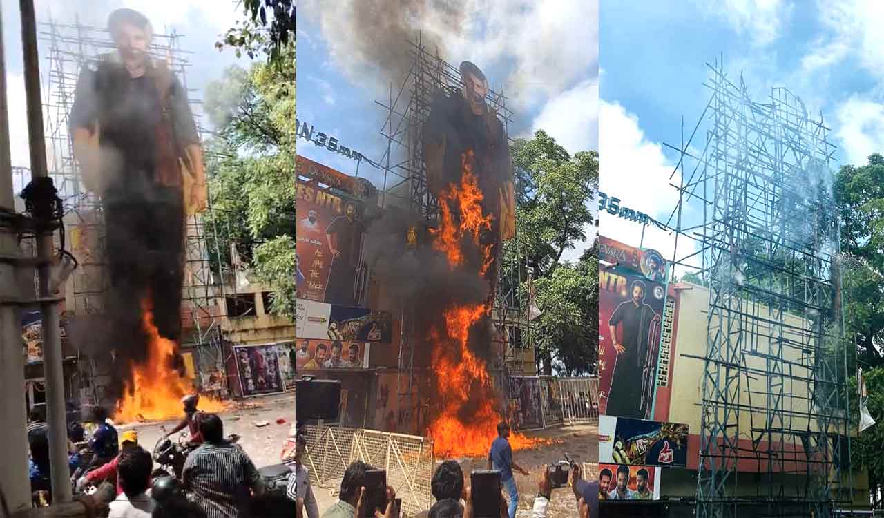 Massive Jr NTR cutout at Sudarshan 35MM theatre catches fire