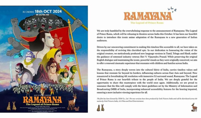 ‘Ramayana: The Legend of Prince Rama’ to hit theaters in Tamil, Telugu, and Hindi on this date