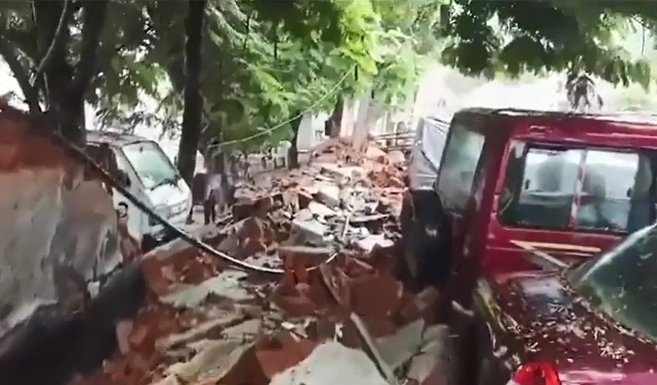 Retaining wall of Telangana Congress HQ collapses as rain drenches Hyderabad