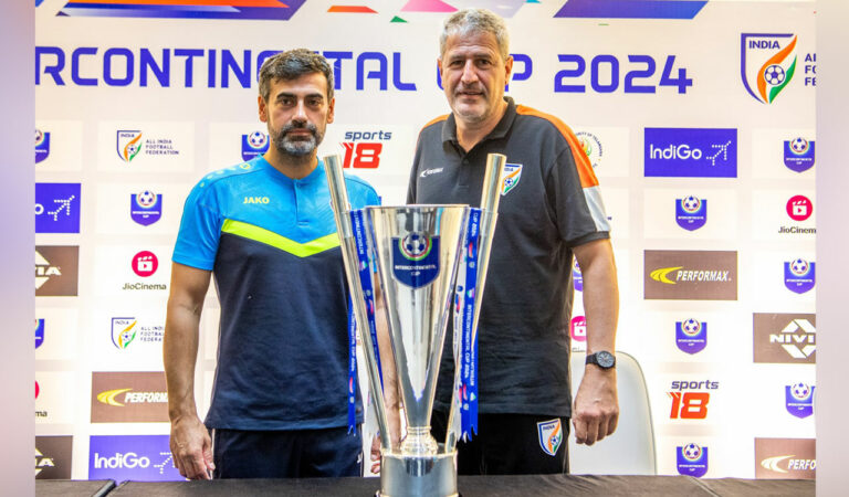 Syria head coach Jose Lana (left) and India head coach Manolo Marquez ahead of the their match in Hyderabad on Monday. Photo credit: Indian Football Team.