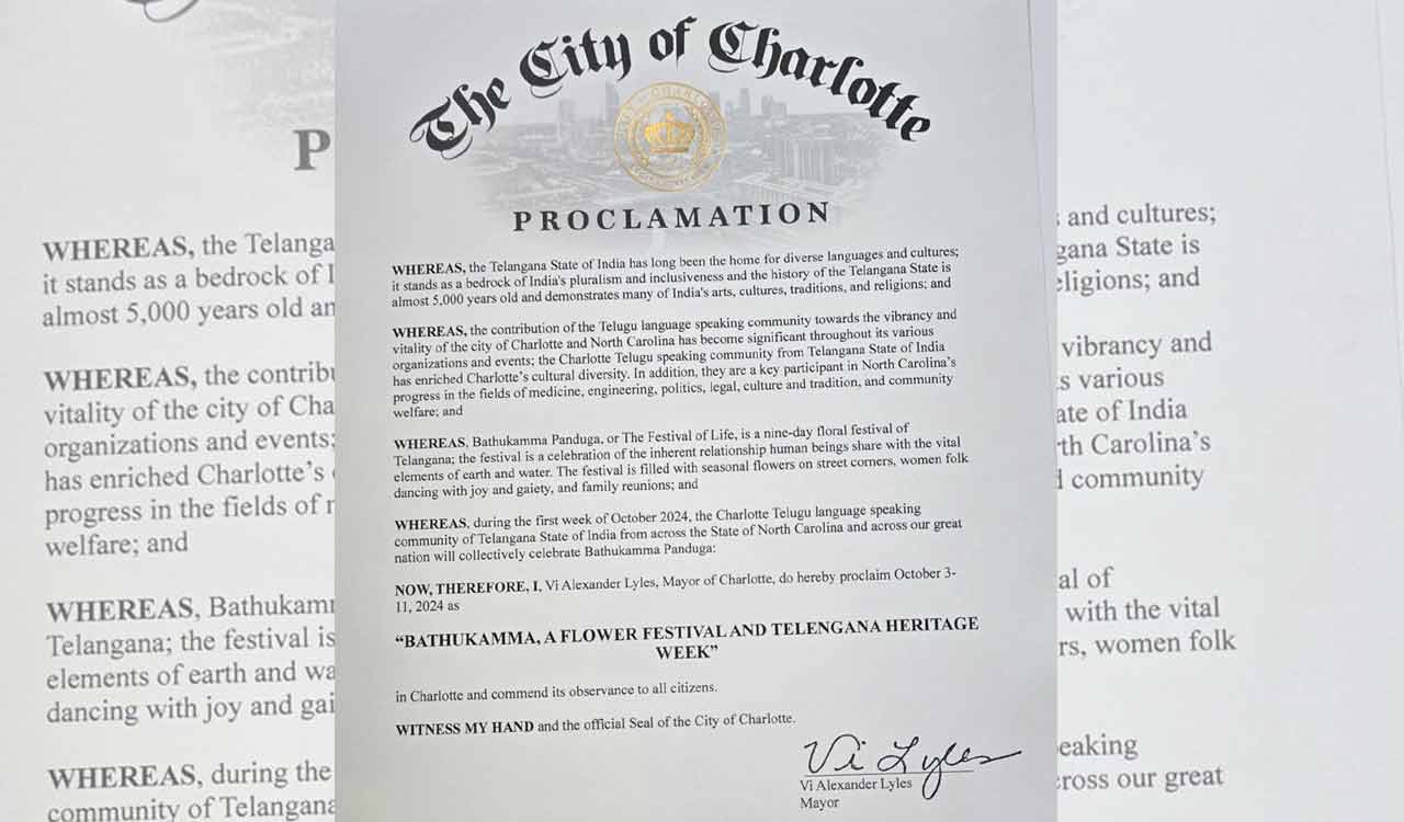 City of Charlotte in US officially recognises Bathukamma festival; Declares Telangana Heritage Week