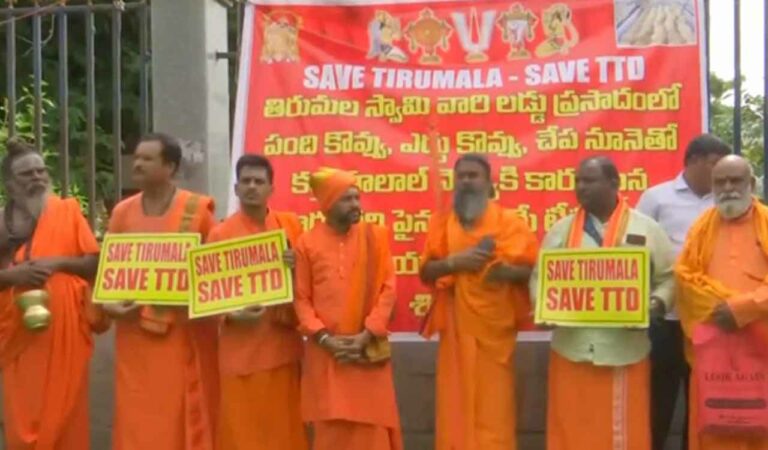 The placards carried by protestors read “Save Tirumala, Save TTD” and “Speak Out Tirupathi”.