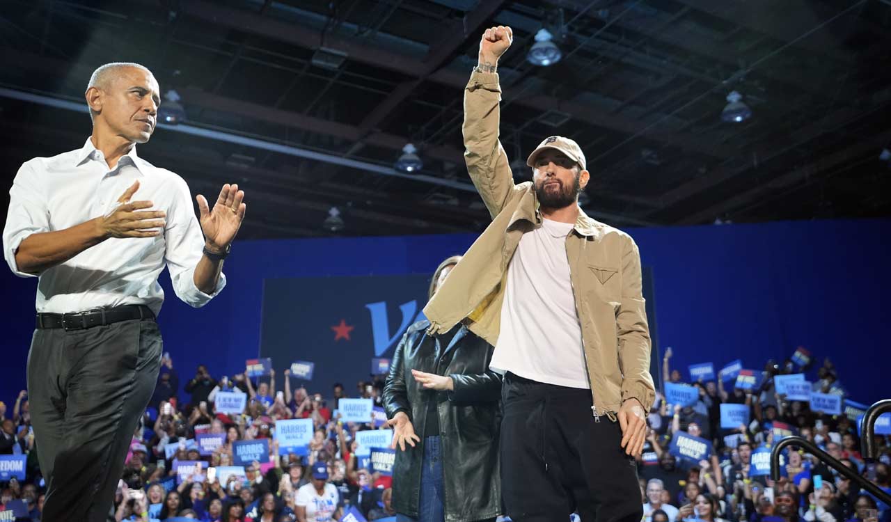 Eminem, Obama rally voters for Kamala Harris in Detroit