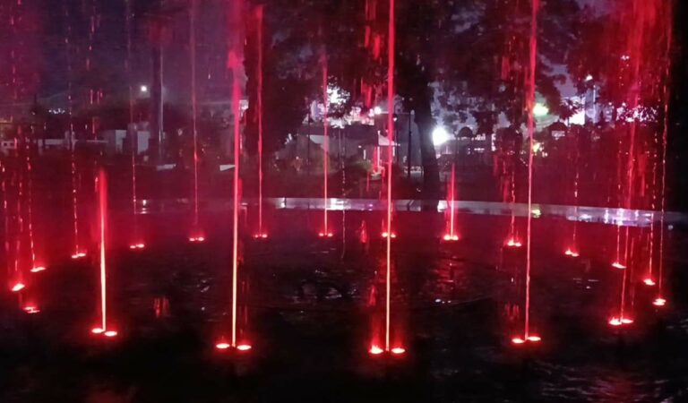 Musical fountation developed in Karimnagar multipurpose park is being tested on Tuesday night.