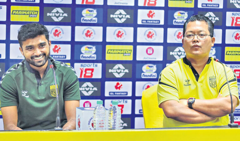 HFC left-back Parag Shrivas (left) and head coach Thangboi Singto in Hyderabad on Tuesday.