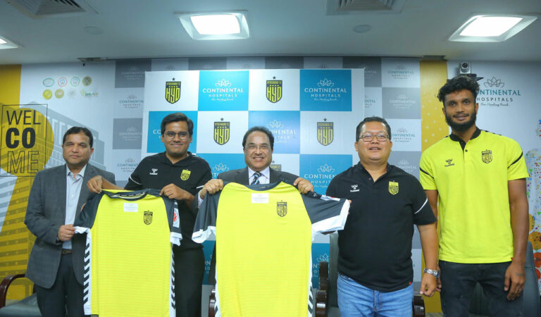 Hyderabad FC’s jersey featuring the Continental Hospitals’ logo was launched in Hyderabad on Monday.