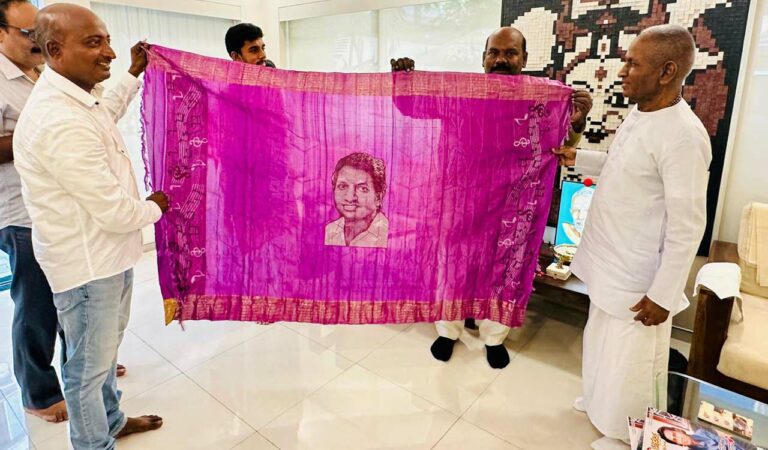 Rajendra Prasad and Sudheer Kumar presenting shawl to Ilaiyaraaja at his residence in Chennai on Tuesday.