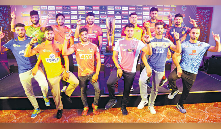 PKL team captains during the season launch event in Hyderabad on Thursday.