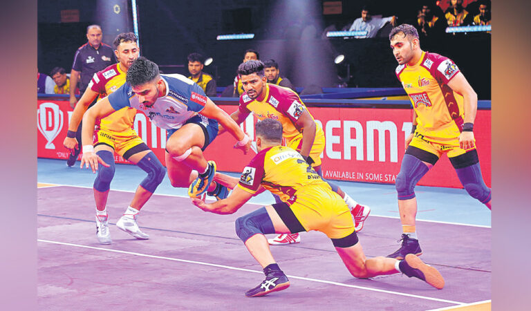 Players of Telugu Titans and Tamil Thalaivas in action in Hyderabad on Saturday.