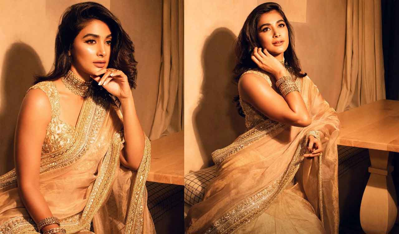 Pooja Hegde stuns in shimmery golden saree ahead of ‘Deva’ release