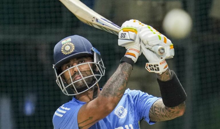 India's skipper Suryakumar Yadav during a practice session ahead of the third T20 match between India and Bangladesh, at Rajiv Gandhi International Cricket Stadium, in Hyderabad, Friday, Oct. 11, 2024.