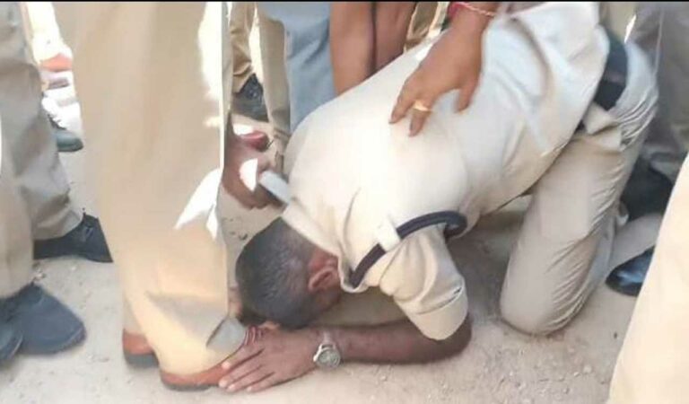 Watch: Constable falls at feet of Sircilla SP seeking justice amid ongoing protest