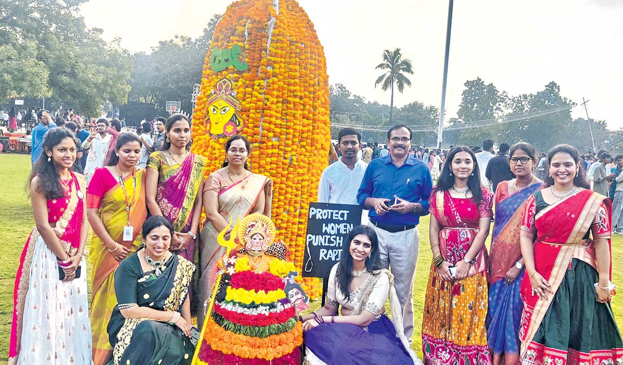 Students, teachers celebrate Bathukamma at MLR Institute of Technology