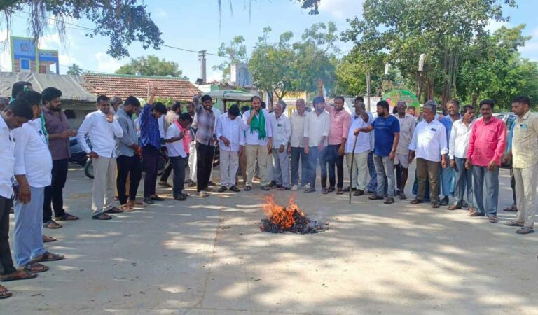 Farmers in Chinna Kodur set an effigy of the Agriculture Minister on fire in the mandal headquarters to mark their protest.