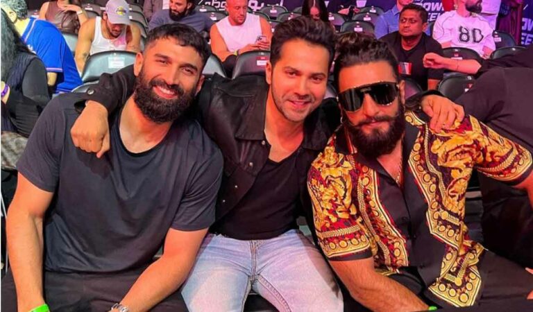 In the picture, Varun and Ranveer, who are new dads were seen enjoying the event along with Aditya, who perhaps is the most eligible bachelor in the country right now.
