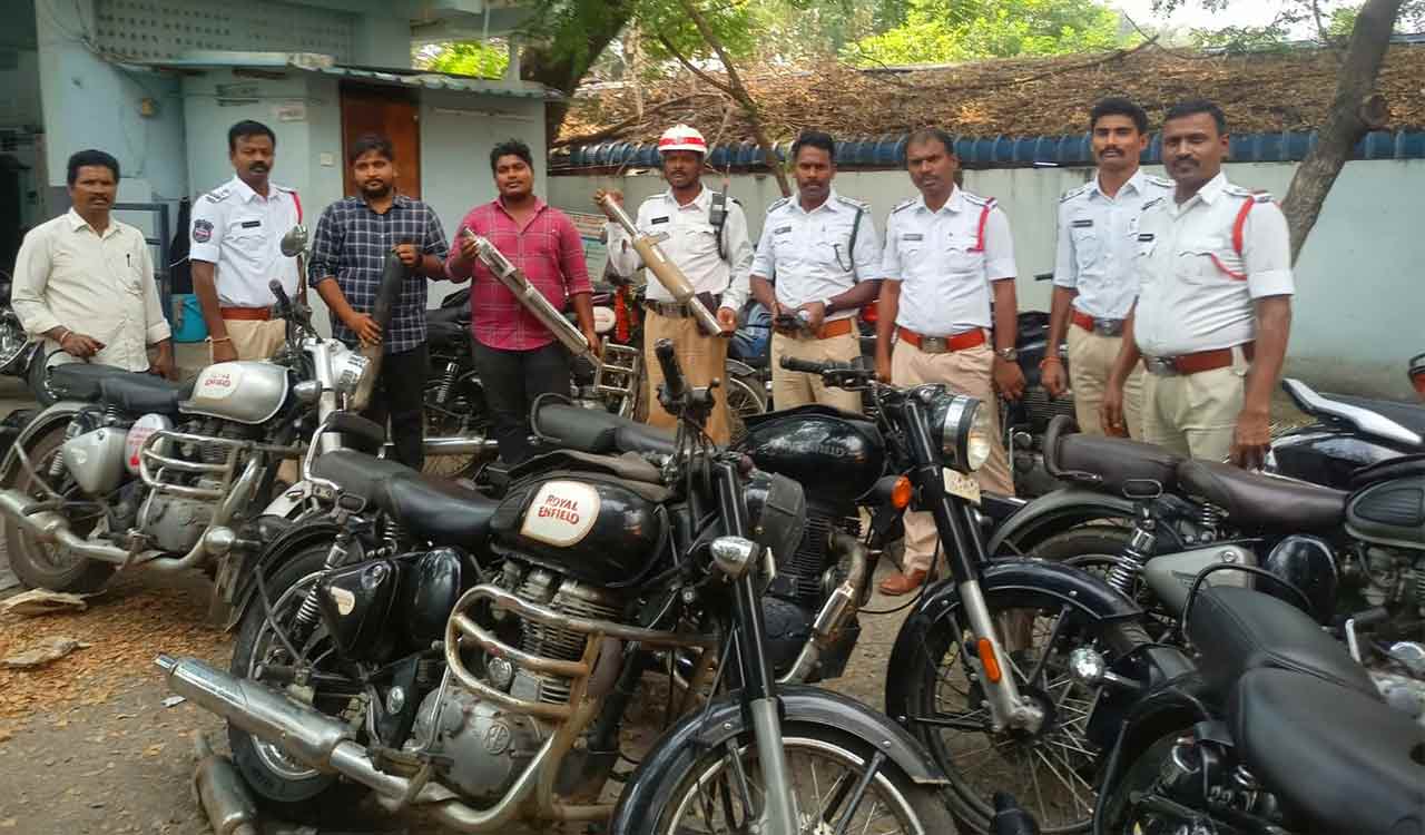Drive against modified silencers, 55 bikers fined in Khammam