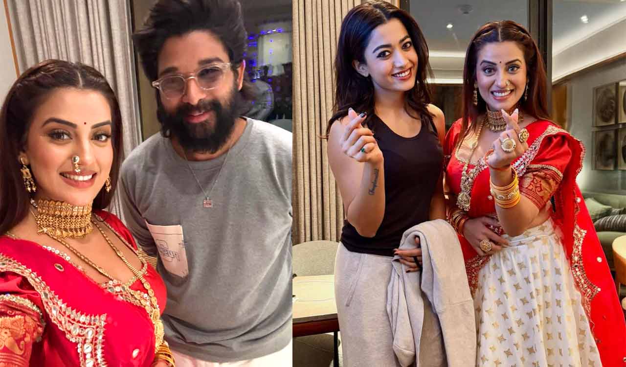 Akshara Singh stuns at “Pushpa: The Rule” trailer launch, shares pictures with Allu Arjun