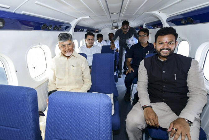 Vijayawada: Union Minister K Ram Mohan Naidu with Andhra Pradesh Chief Minister N Chandrababu Naidu during the launch of the seaplane demo flight from Prakasam Barrage in Vijayawada to Srisailam in Nandyal district, Andhra Pradesh.
