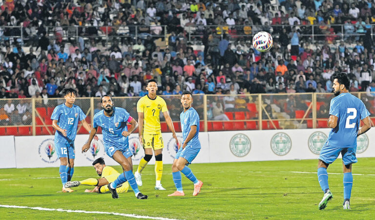 Players of India and Malaysia in action during the match in Hyderabad on Monday. Photo: Surya Sridhar