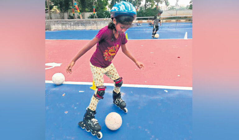 A young football skater during a practice session.