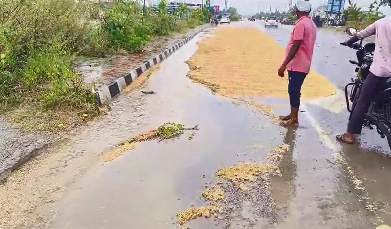 Harvested paddy swept away in rainwater in Medak distrcit