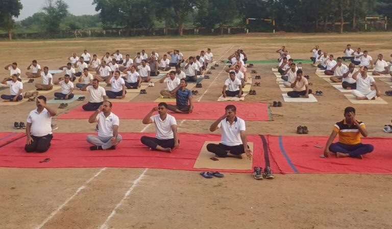 Yoga classes organised for police officers and staff in Kothagudem on Friday.