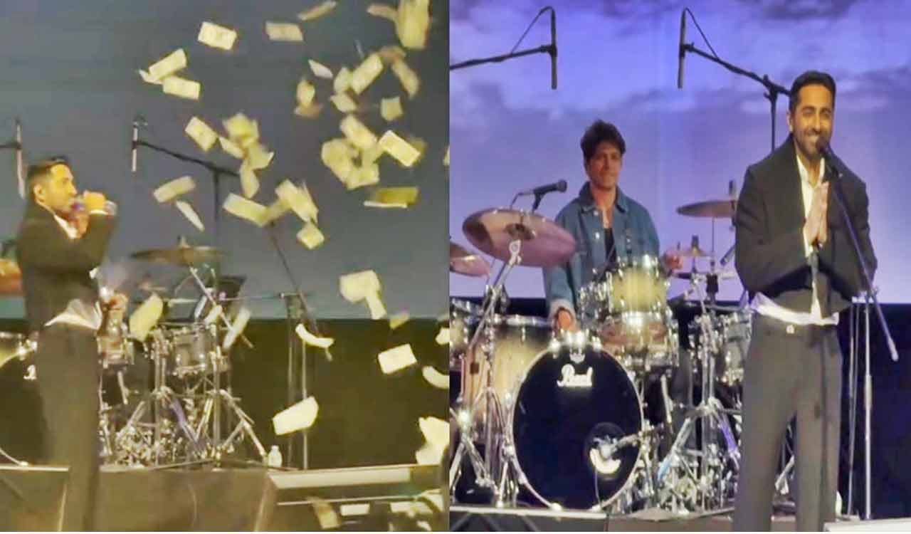 Ayushmann Khurrana reacts to a fan throwing dollars at his US concert