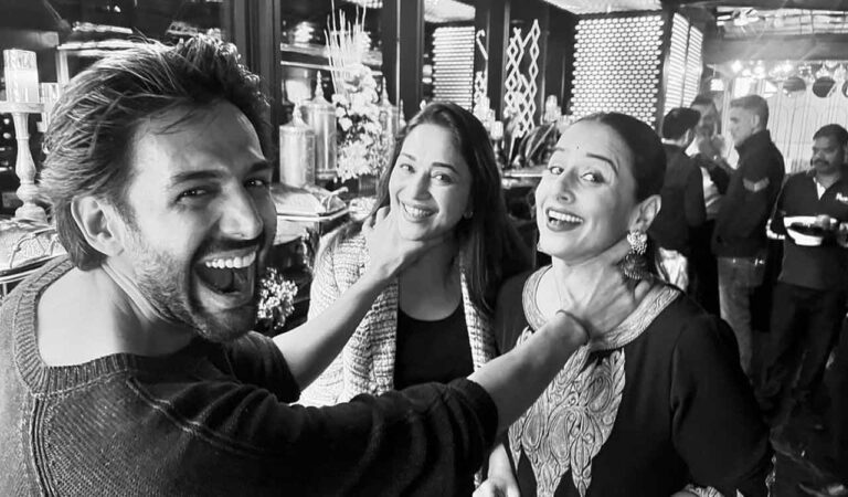 Kartik took to Instagram, where he shared a monochrome picture with Vidya and Madhuri. In the image, Kartik is holding on to the necks of the two actresses as the trio pose. The three stars are looking into the camera and flashing a big smile.