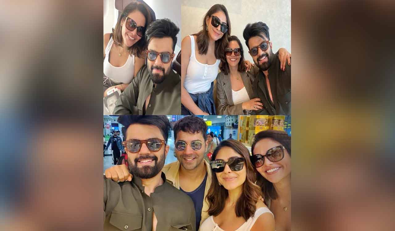Varun Dhawan, Esha Gupta, Mrunal Thakur, and Maniesh Paul chill together