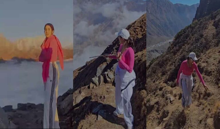 Sara took to Instagram, where she shared a reel video of her trekking on a mountain. Dressed in a pink full sleeve top paired with sweatpants and a baseball cap, the actress pointed at Kedarnath and said: “Yeh dekho waha pe hai Kedarnath.”