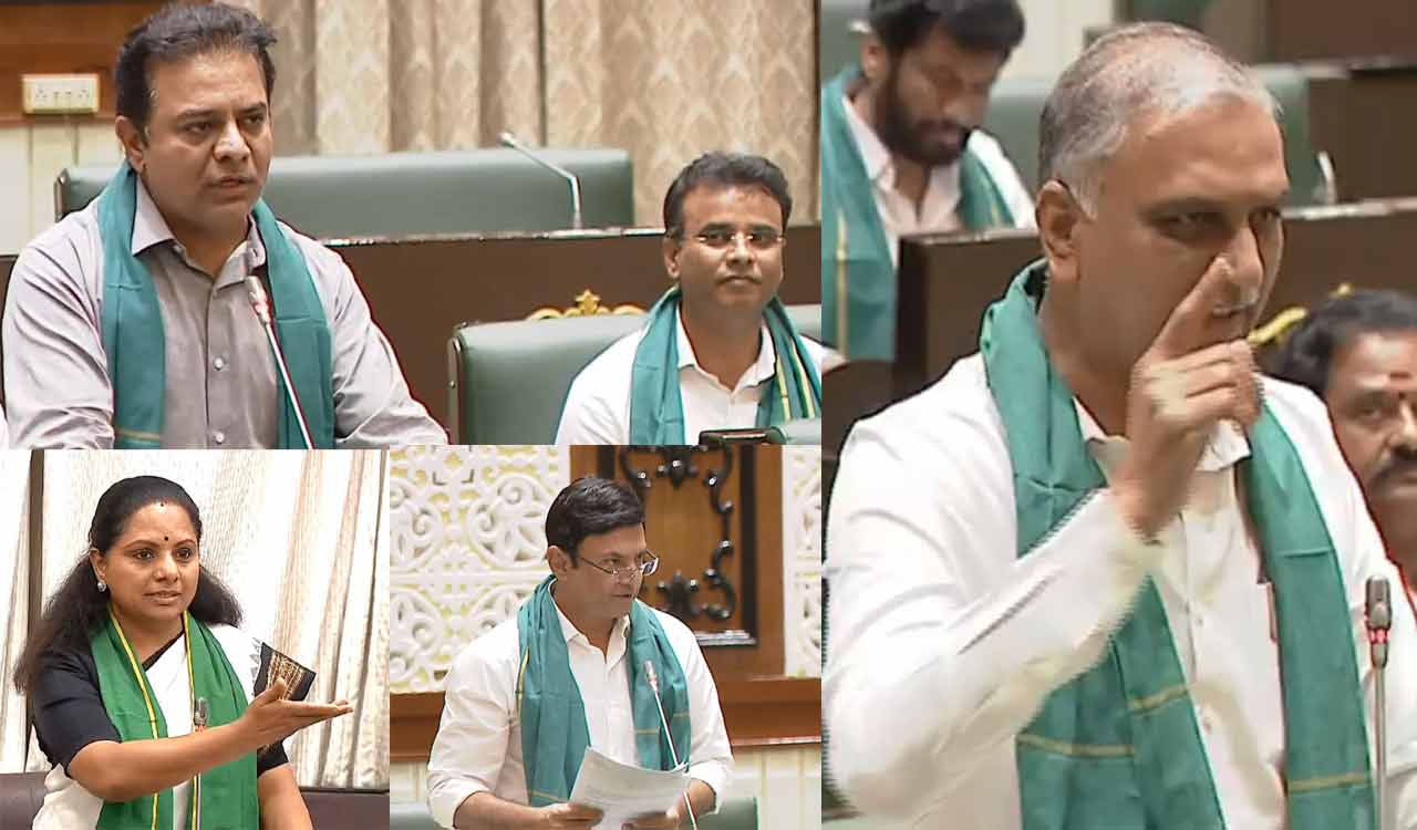 BRS legislators wear green scarves protesting against delayed disbursement of Rythu Bandh