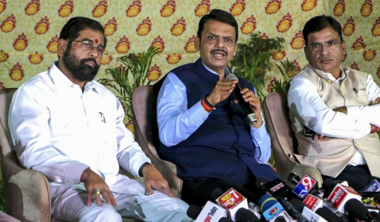 Maharashtra Chief Minister Devendra Fadnavis with Deputy Chief Minister Eknath Shinde addresses the media on the last day of the Winter session of the State Assembly, at Vidhan Bhavan, in Nagpur, Saturday, Dec. 21, 2024