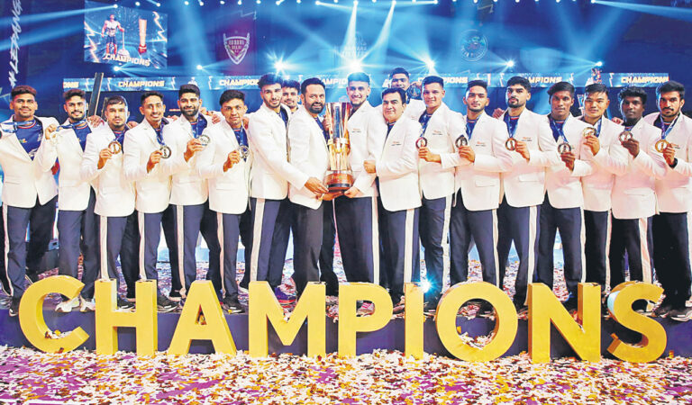 Champions Haryana Steelers with the PKL trophy in Pune on Sunday.
