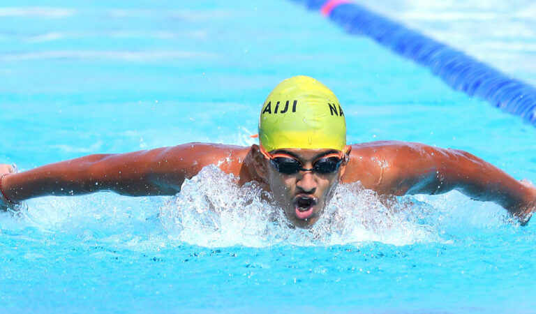 Hyderabad swimmer TS Tejas Kumar during the CM Cup Swimming Championship, on Tuesday.