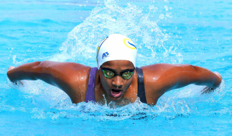 Hyderabad swimmer Aditi Nadella during the swimming championship in Hyderabad on Wednesday.