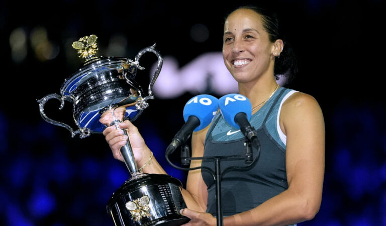 Madison Keys of the US holds her trophy after defeating Aryna Sabalenka of Belarus in the women’s singles final at the Australian Open in Melbourne, on Saturday. Photo: AP