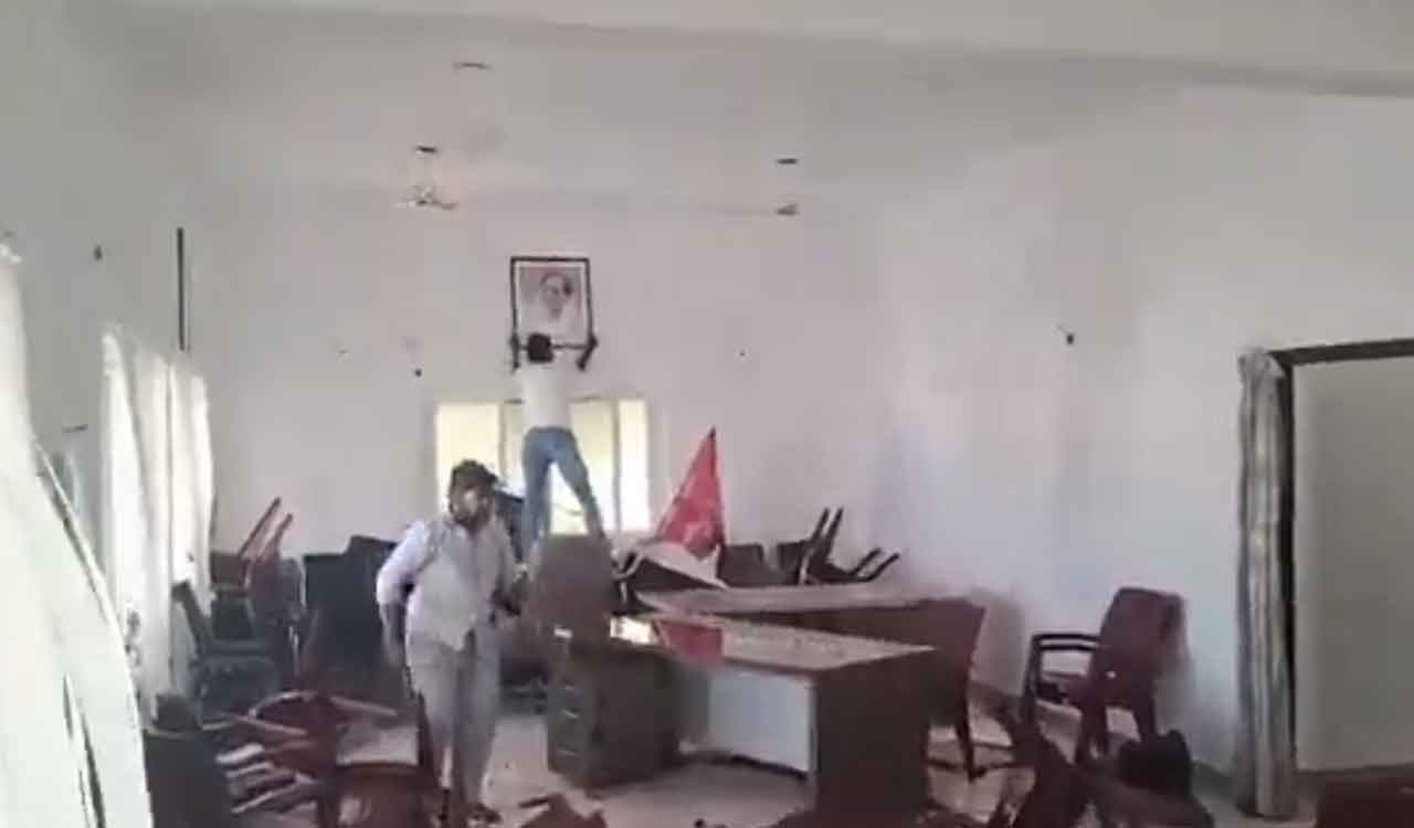 Watch: Congress workers attack BRS party office in Bhongir, vandalise furniture