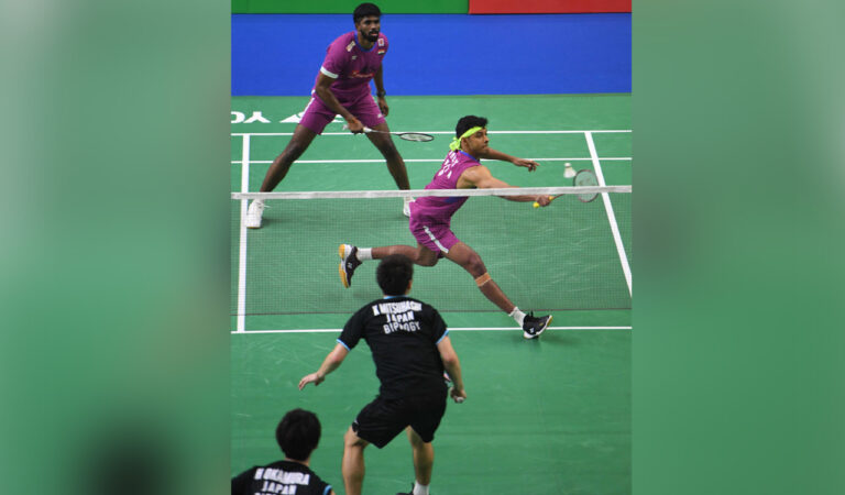Satwiksairaj Rankireddy and Chirag Shetty in action at India Open on Thursday.