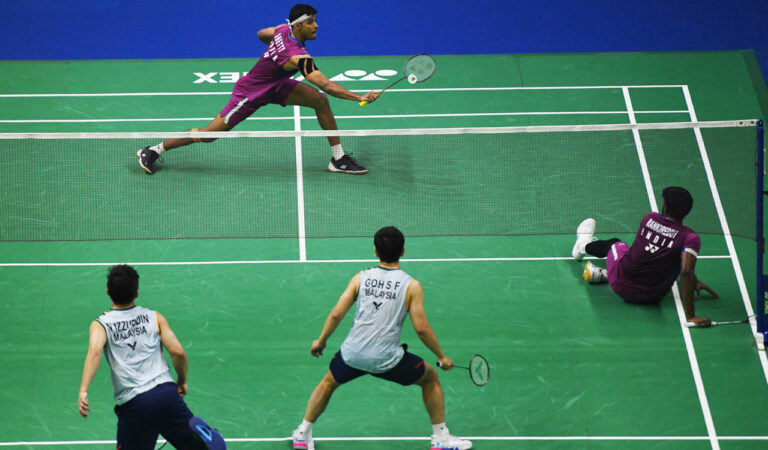 Chirag Shetty and Satwiksairaj Rankireddy in action at India Open on Saturday.