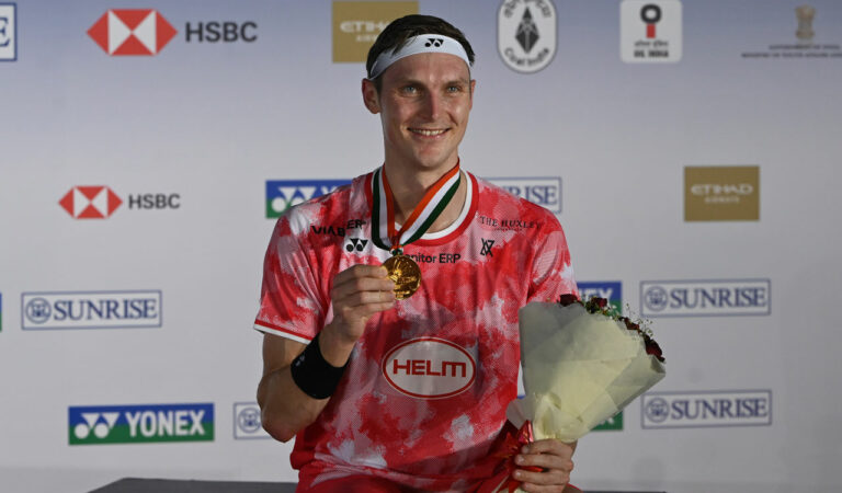 Viktor Axelsen poses with his medal at Yonex Sunrise India Open on Sunday.