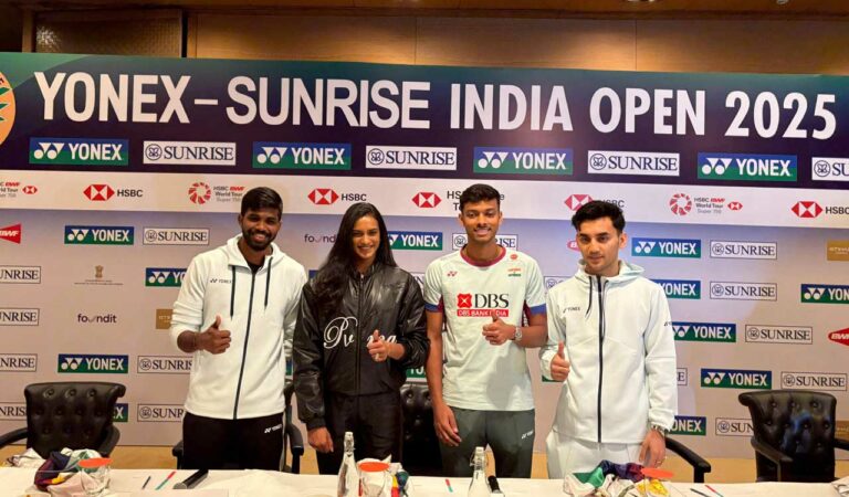 Satwik Rankireddy, PV Sindhu, Chirag Shetty and Lakshya Sen during a press conference ahead of India Open. Photo: X