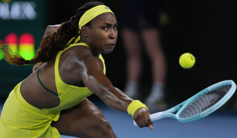 US’ Coco Gauff in action against Britain’s Jodie Burrage at Australian Open tennis championship in Melbourne, on Wednesday. Photo: AP