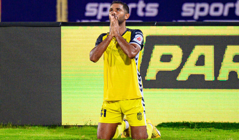HFC's Manoj Mohammed celebrates after scoring against East Bengal in Hyderabad. Photo: ISL