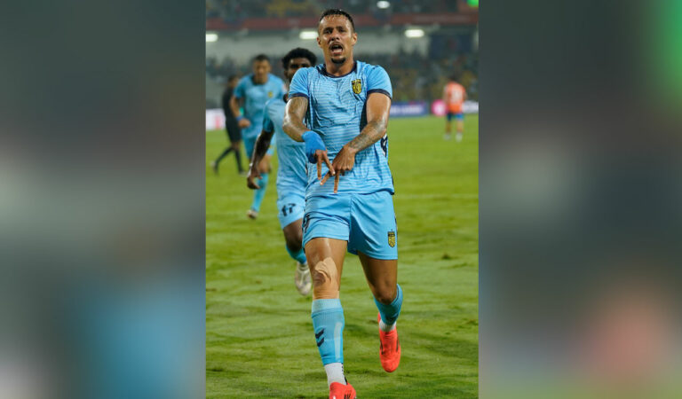 Hyderabad FC's Allan Paulista celebrates after scoring a goal against FC Goa on Wednesday.