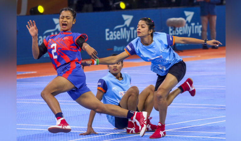 Players of India (blue) and Nepal in action during the final match of the Kho Kho World Cup (Women) against Nepal, in New Delhi, on Sunday. Photo: PTI