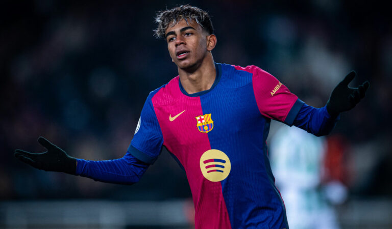 Barcelona's Lamine Yamal celebrates after scoring a goal against Real Betis. Photo: X