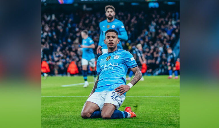Manchester City' Savinho celebrates after scoring a goal against Club Brugge. Photo: X