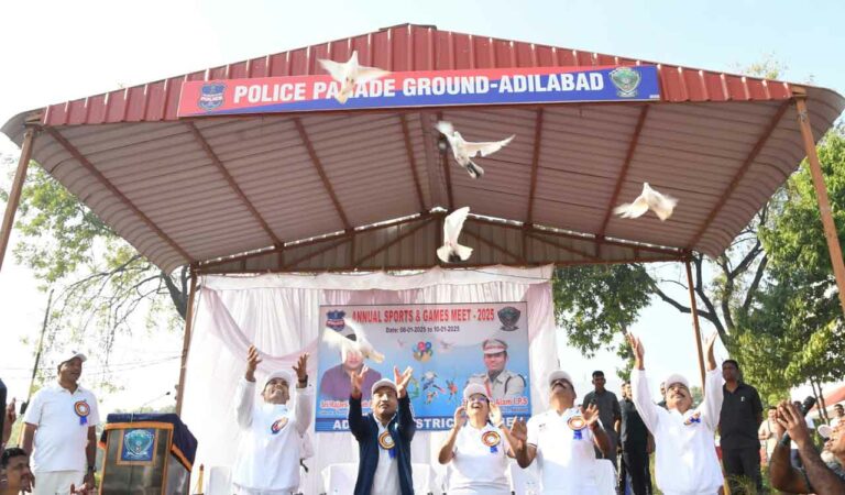 Collector Rajarshi Shah and SP Gaush Alam release doves in the air to mark inauguration of sports meet in Adilabad on Thursday .