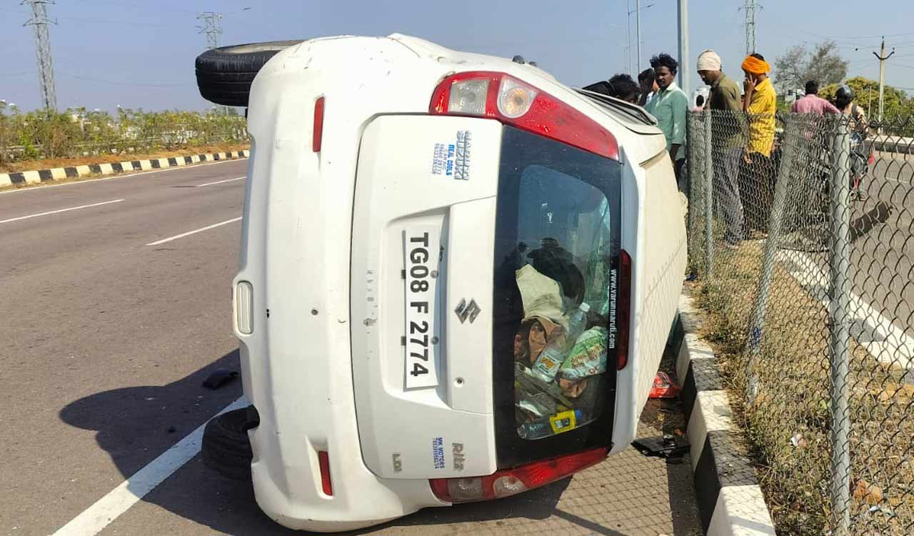 Miraculous escape for couple as car flips in Telangana’s Sangareddy